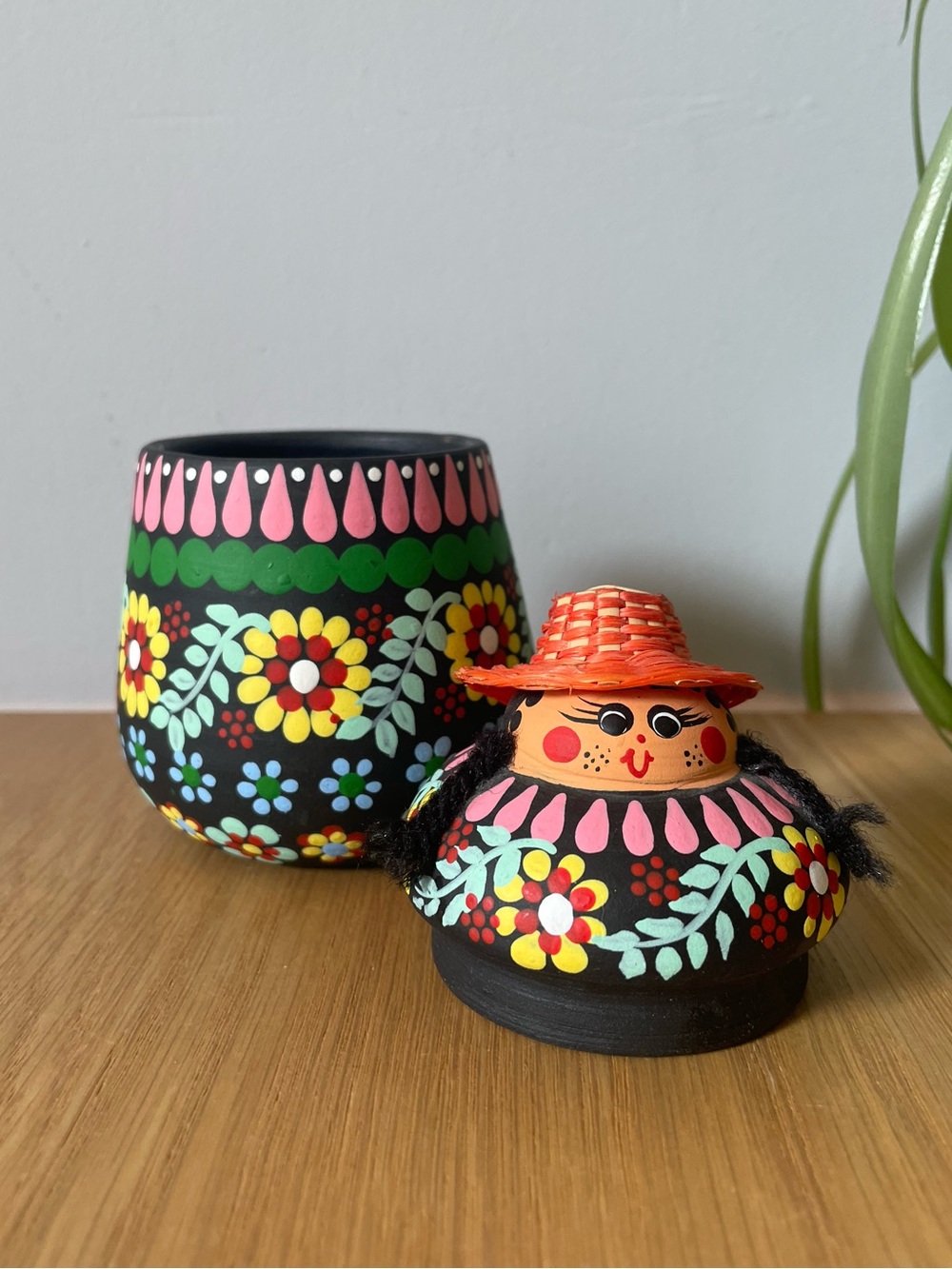 Vintage Hand-Painted Floral Girl Terracotta Trinket Jar Colombian Folk Art